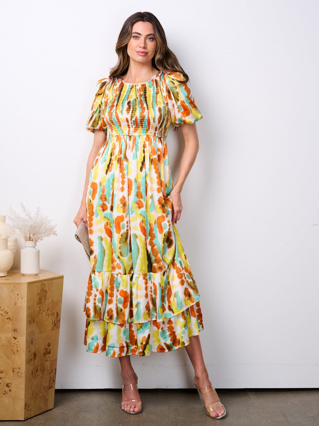 WOMEN'S SHORT PUFF SLEEVE POCKETS SMOCK MULTI PRINT MAXI DRESS