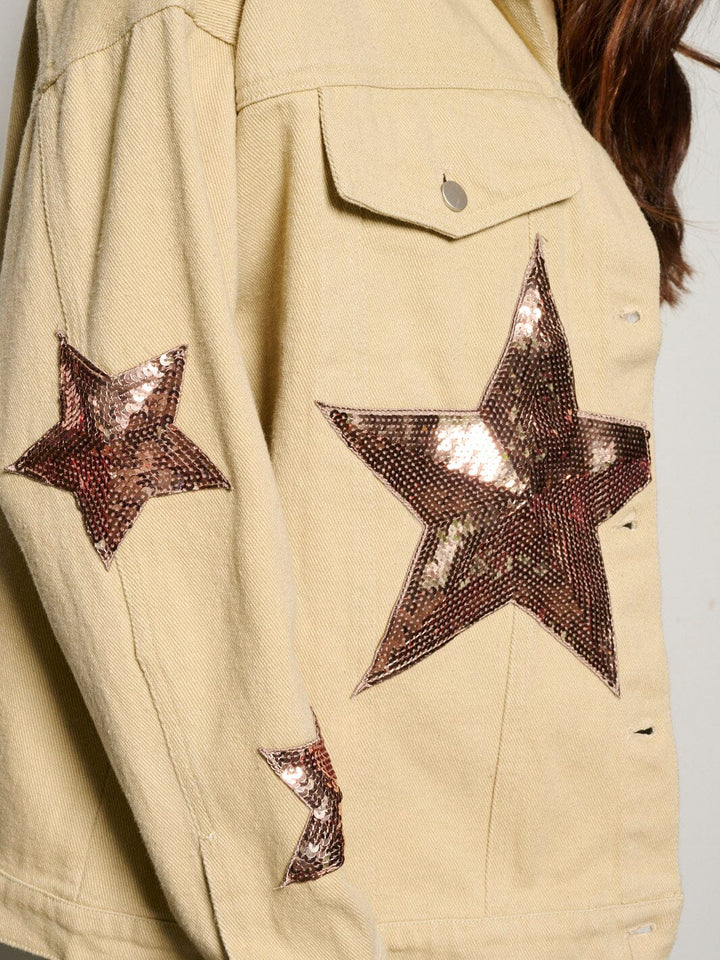 WOMEN'S LONG SLEEVE BUTTON CLOSURE STARS POCKETS DENIM JACKET
