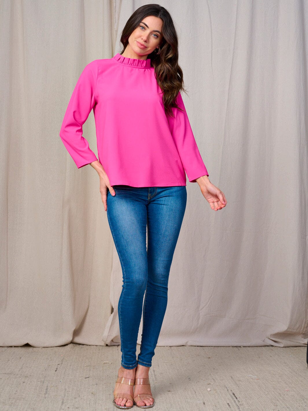 WOMEN'S LONG SLEEVE MOCK NECK BACK TIE BLOUSE