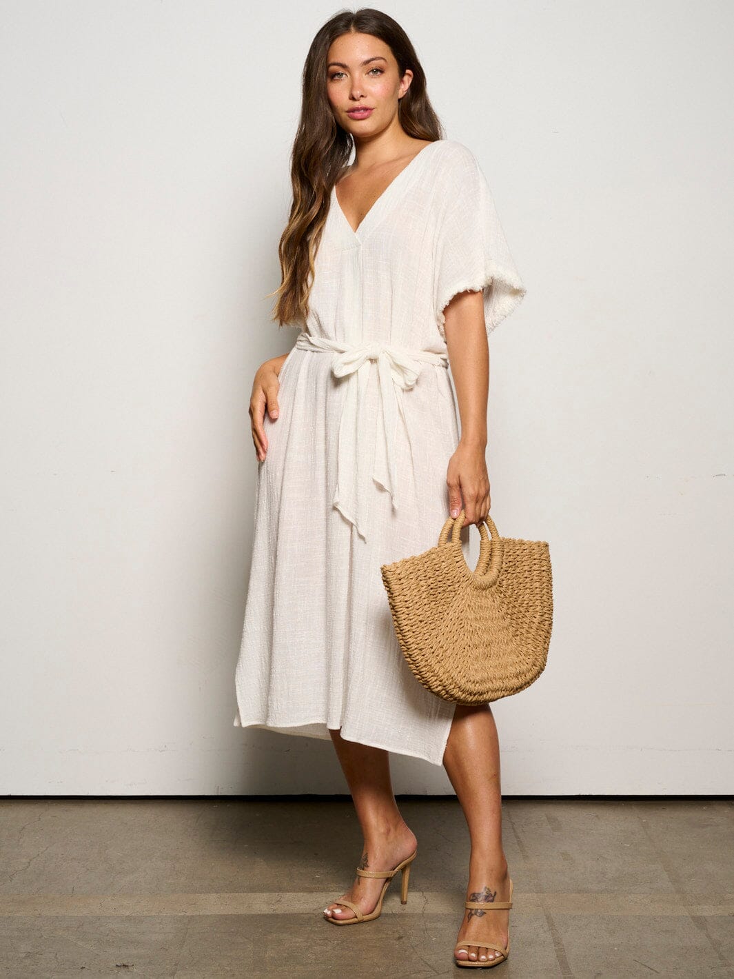 WOMEN'S SHORT SLEEVE V-NECK SELF TIE TUNIC MIDI DRESS