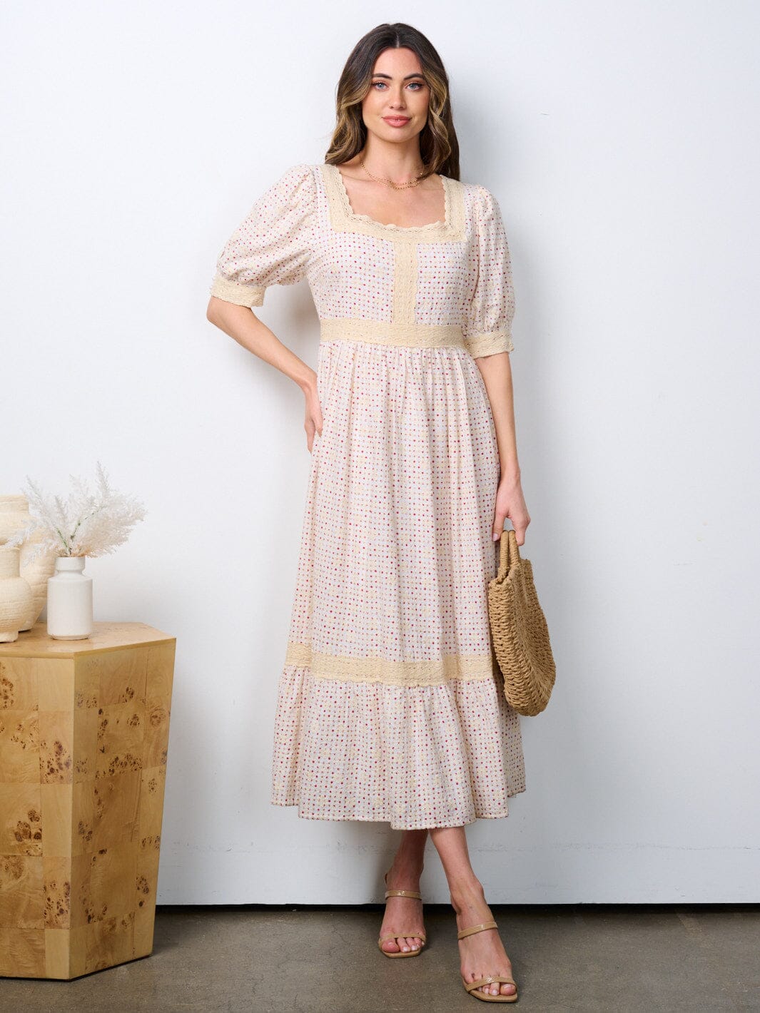 WOMEN'S SHORT PUFF SLEEVE TRIM DETAILED PRINTED MAXI DRESS