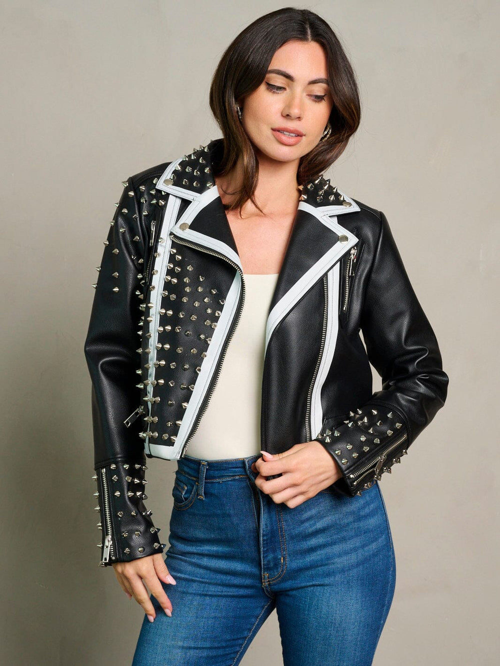 WOMEN'S LONG SLEEVE ZIP UP SPIKES GRAPHIC PU PLEATHER JACKET