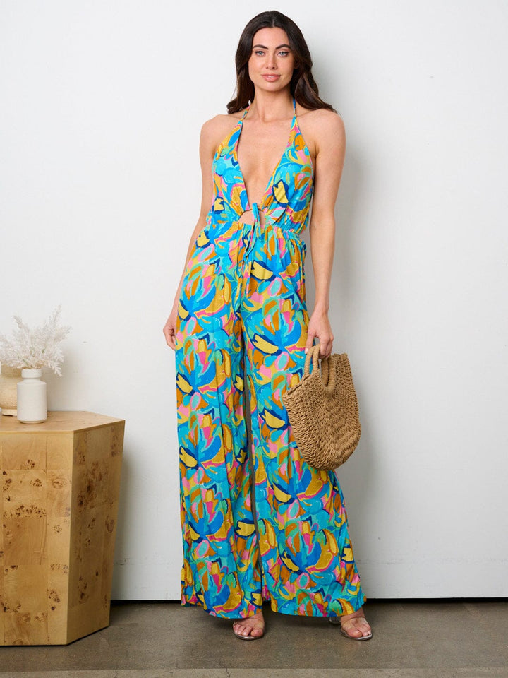 WOMEN'S SLEEVELESS V-NECK OPEN BACK MULTI PRINT JUMPSUIT