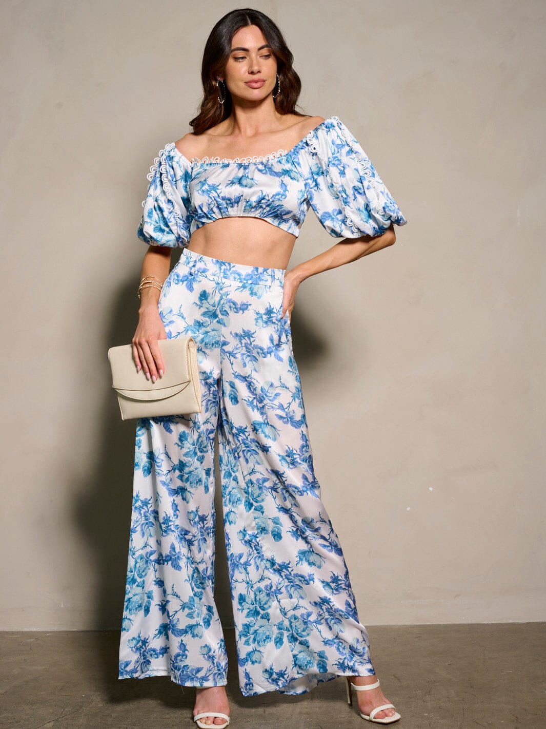 WOMEN'S SHORT SLEEVE CROP TOP & BELTED PANTS FLORAL 2PC. SET