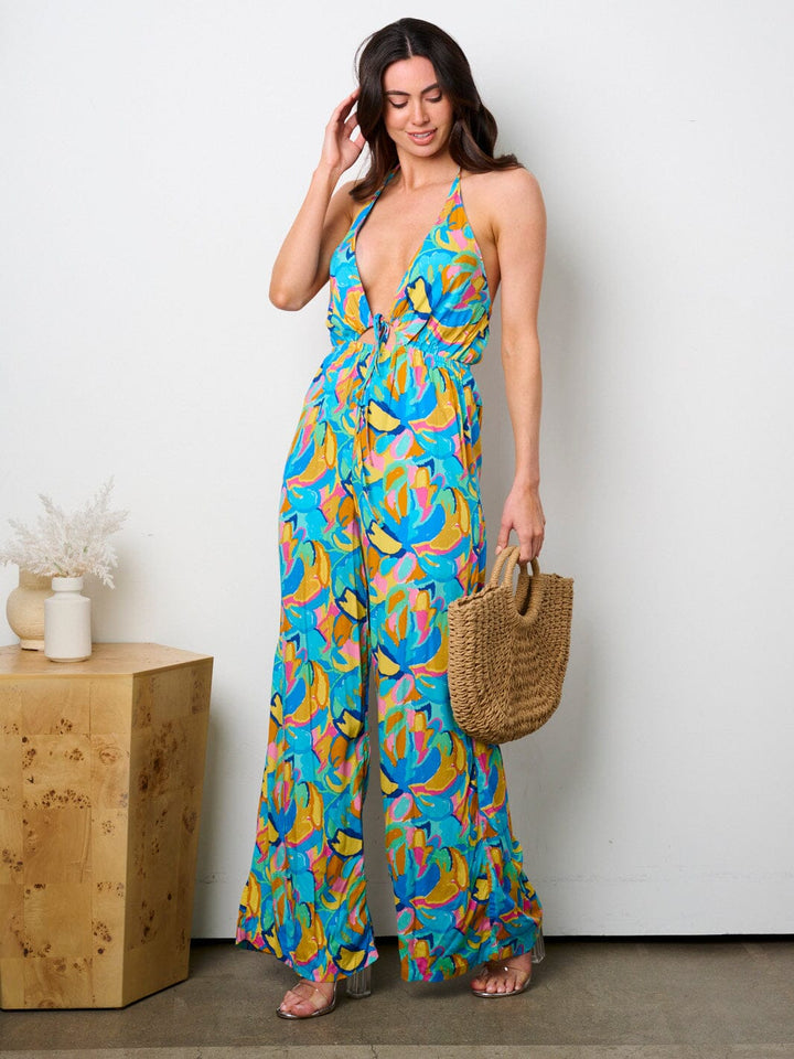 WOMEN'S SLEEVELESS V-NECK OPEN BACK MULTI PRINT JUMPSUIT