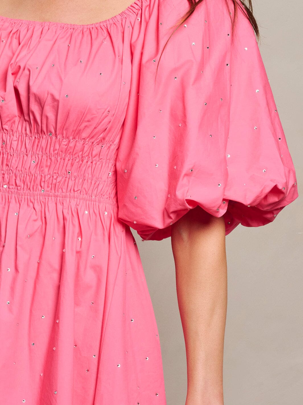 WOMEN'S SHORT PUFF SLEEVE SMOCK WAIST STUDS DETAILED MINI DRESS