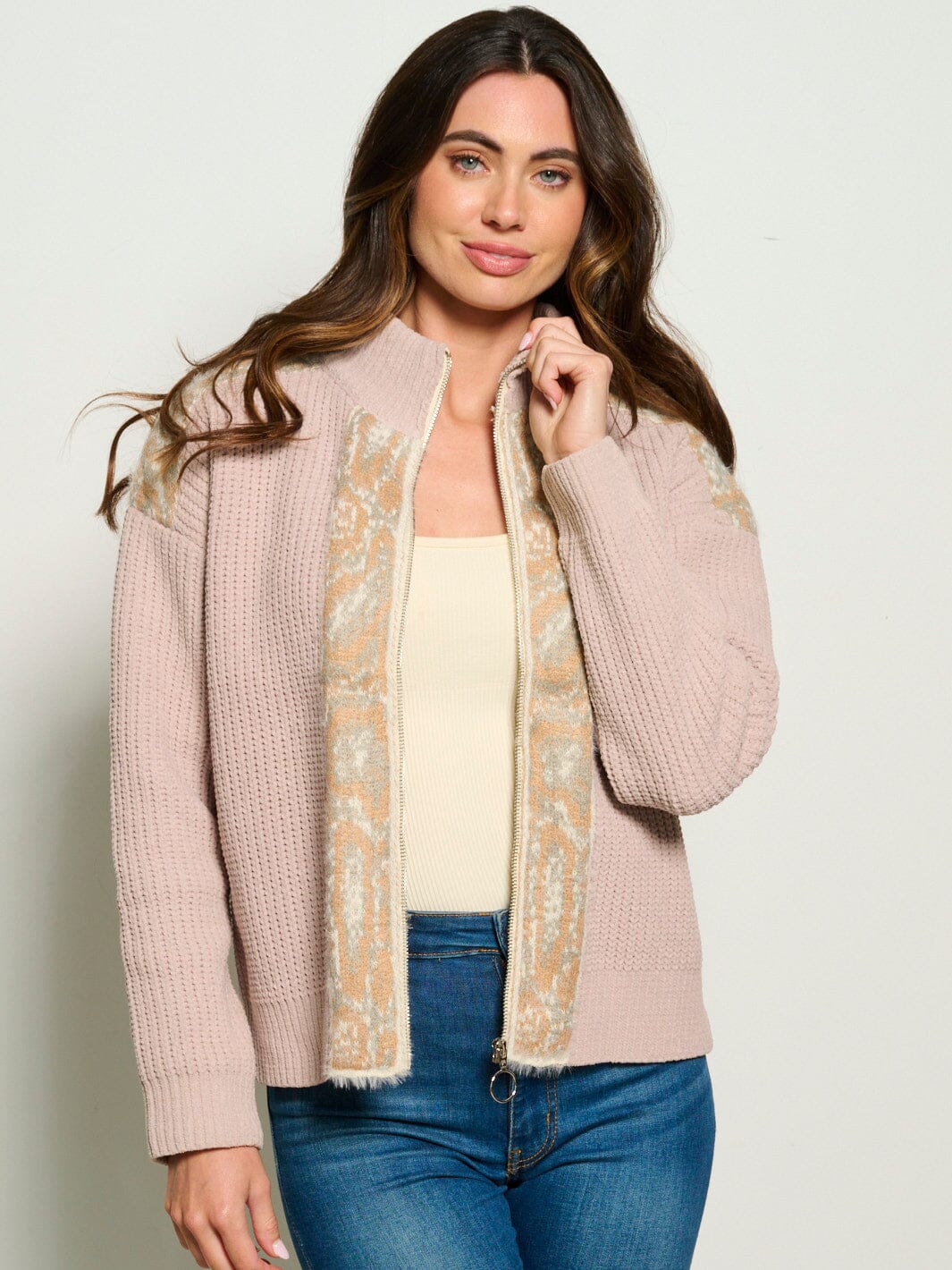 WOMEN'S LONG SLEEVE ZIP UP MOCK NECK SWEATER