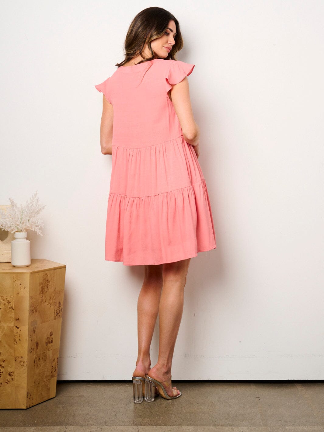 WOMEN'S RUFFLE SLEEVE V-NECK FIT & FLARE TUNIC MINI DRESS