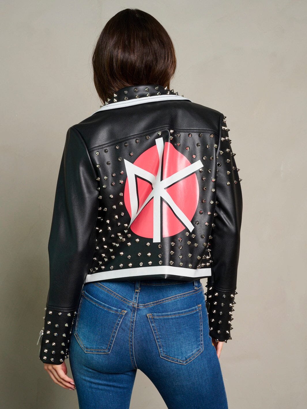WOMEN'S LONG SLEEVE ZIP UP SPIKES GRAPHIC PU PLEATHER JACKET