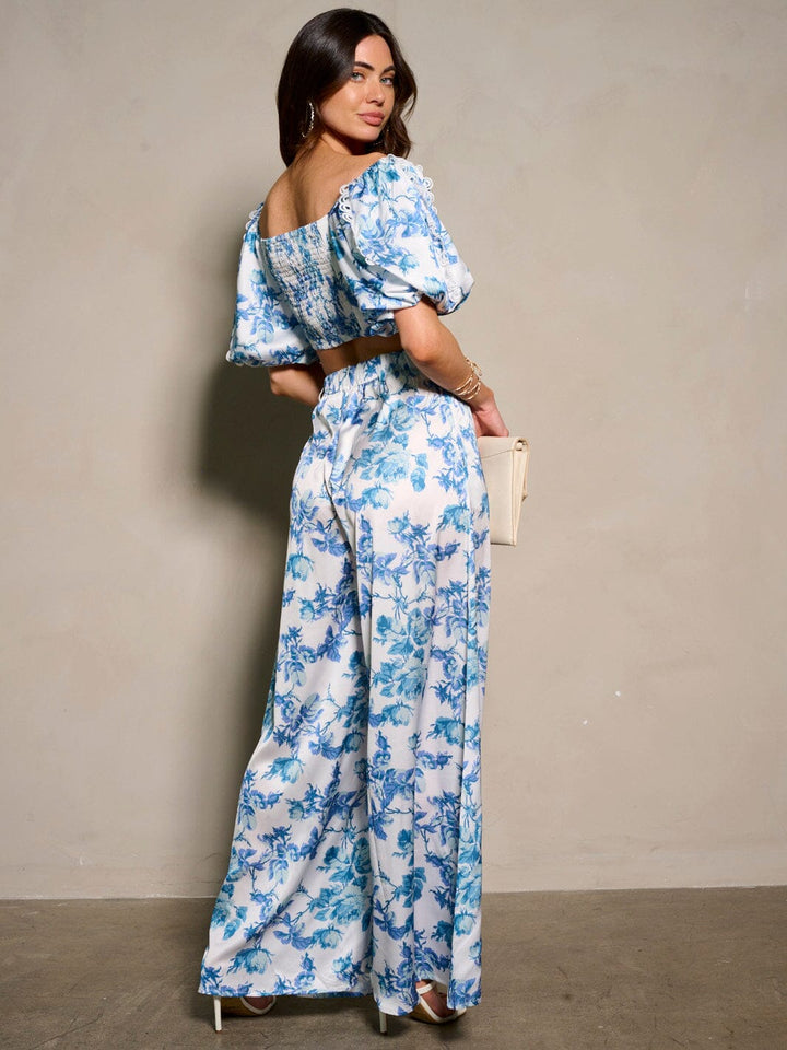 WOMEN'S SHORT SLEEVE CROP TOP & BELTED PANTS FLORAL 2PC. SET