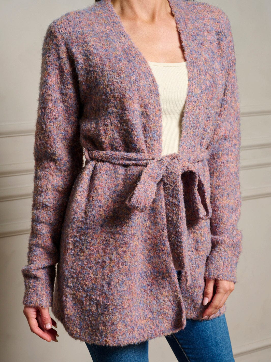 WOMEN'S LONG SLEEVE OPEN FRONT SELF TIE CARDIGAN