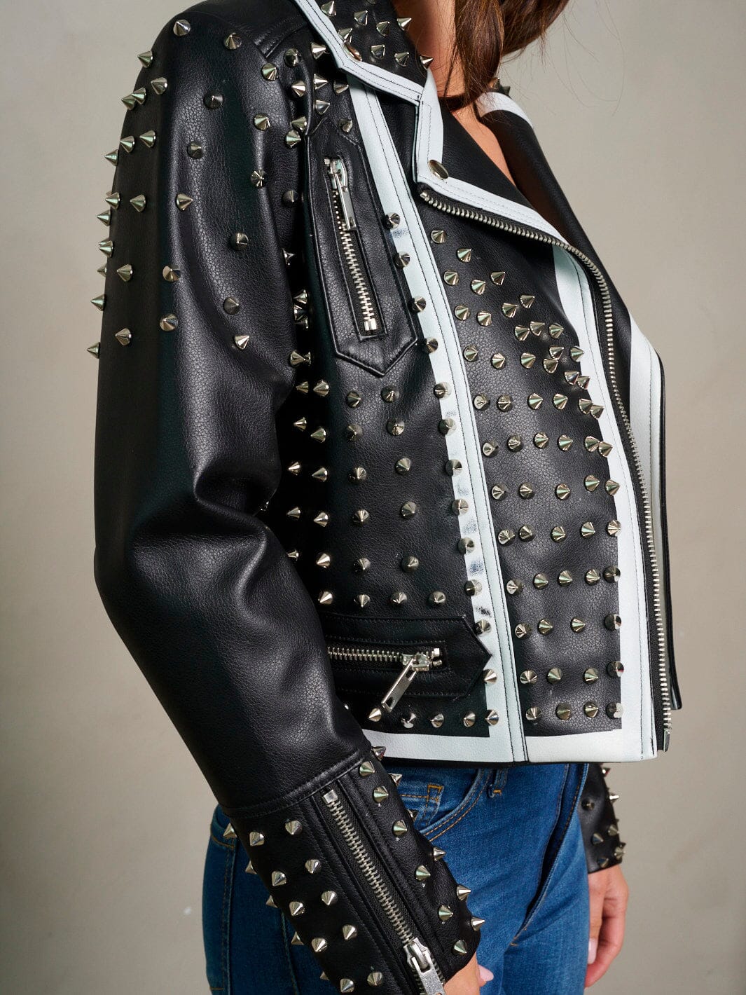 WOMEN'S LONG SLEEVE ZIP UP SPIKES GRAPHIC PU PLEATHER JACKET