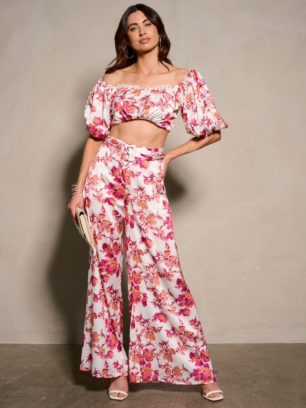 WOMEN'S SHORT SLEEVE CROP TOP & BELTED PANTS FLORAL 2PC. SET