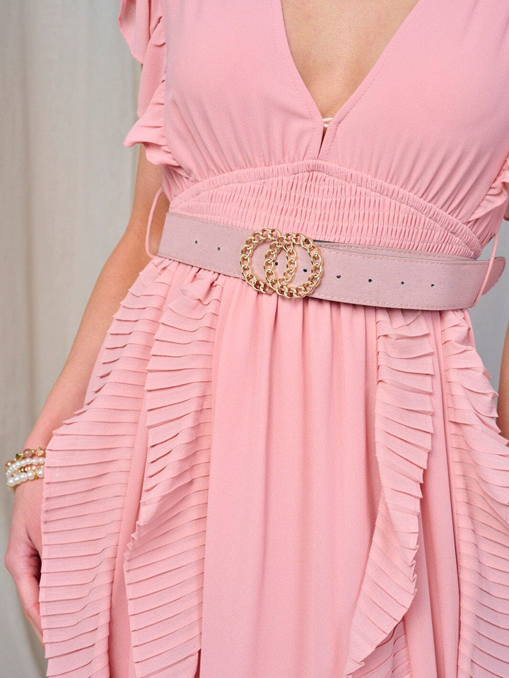 WOMEN'S RUFFLE SLEEVE V-NECK SMOCK BELTED MAXI DRESS