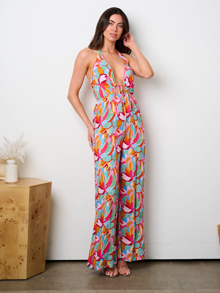 WOMEN'S SLEEVELESS V-NECK OPEN BACK MULTI PRINT JUMPSUIT