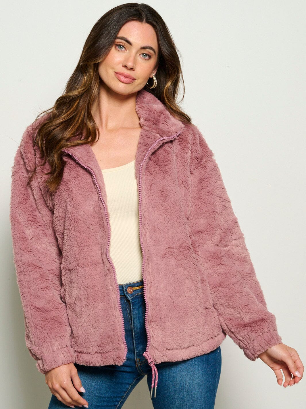 WOMEN'S LONG SLEEVE ZIP UP FRONT POCKETS SHERPA JACKET