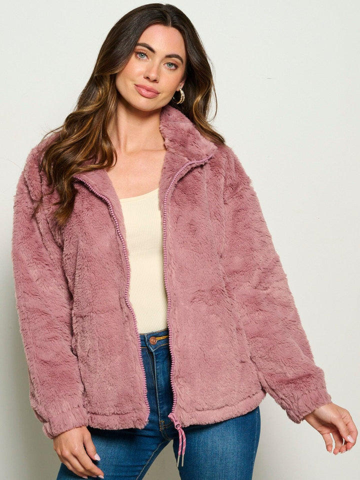 WOMEN'S LONG SLEEVE ZIP UP FRONT POCKETS SHERPA JACKET