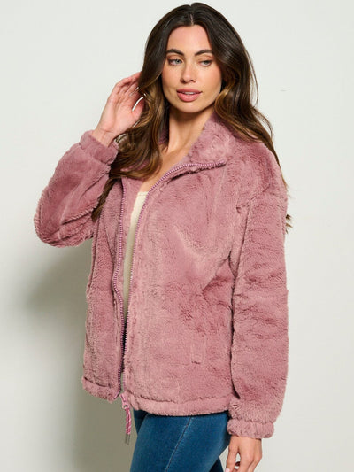 WOMEN'S LONG SLEEVE ZIP UP FRONT POCKETS SHERPA JACKET