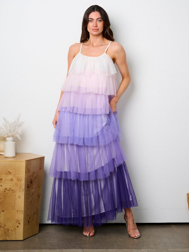 WOMEN'S SLEEVELESS RUFFLE MESH TIERED COLORBLOCK MAXI DRESS