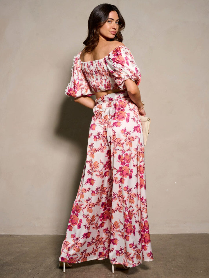 WOMEN'S SHORT SLEEVE CROP TOP & BELTED PANTS FLORAL 2PC. SET