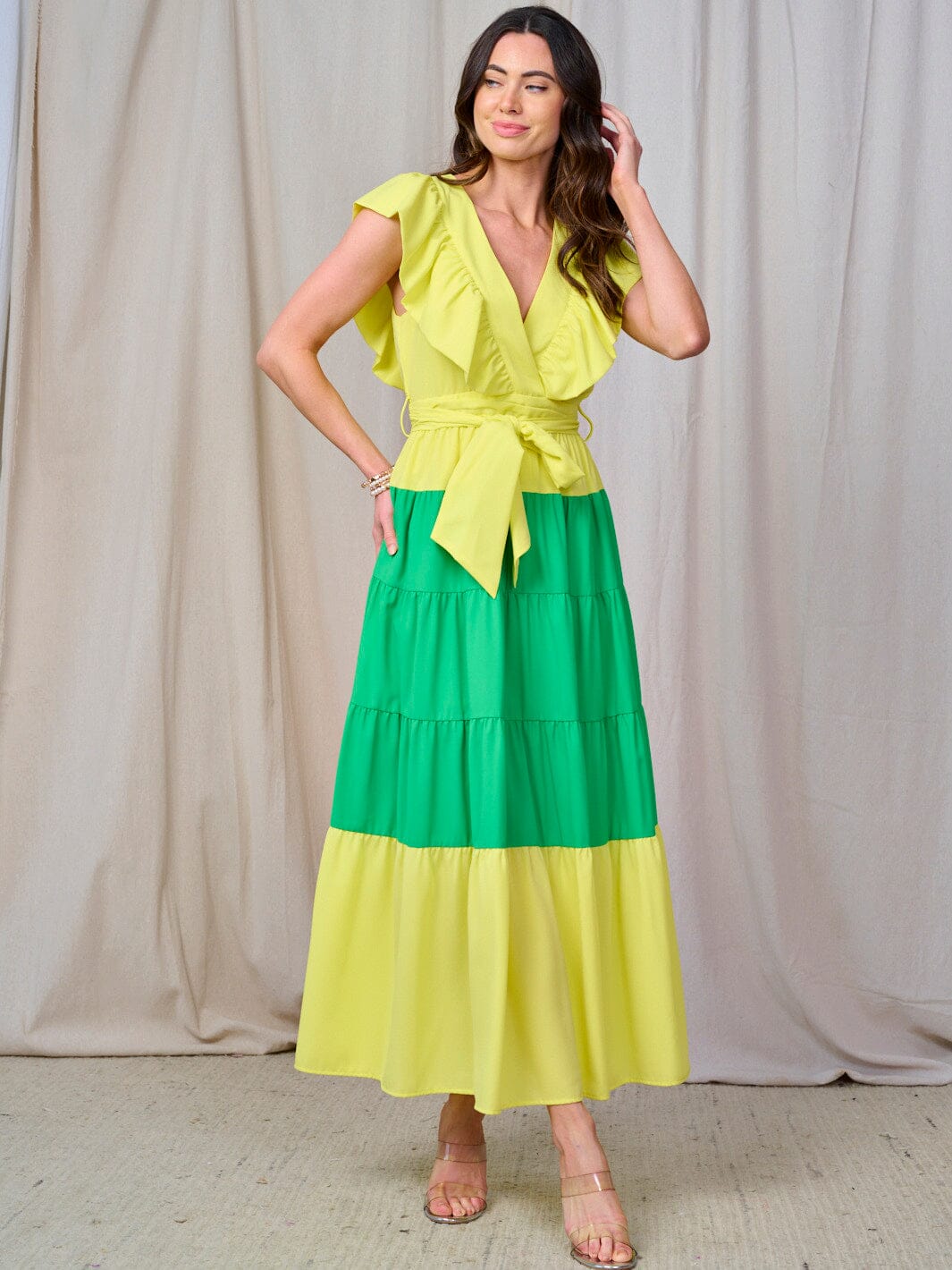 WOMEN'S RUFFLE SLEEVE V-NECK TIERED COLORBLOCK MAXI DRESS