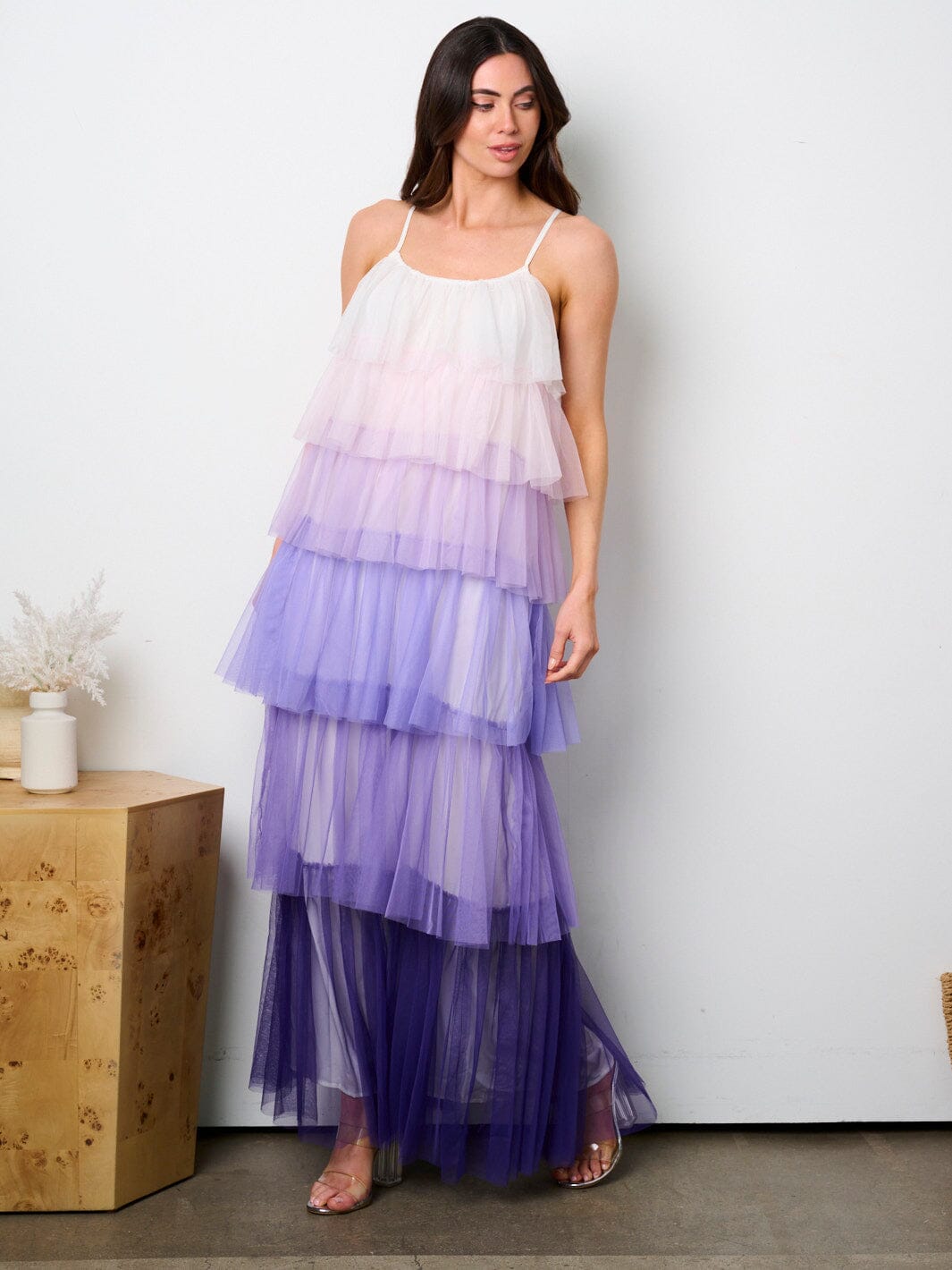 WOMEN'S SLEEVELESS RUFFLE MESH TIERED COLORBLOCK MAXI DRESS