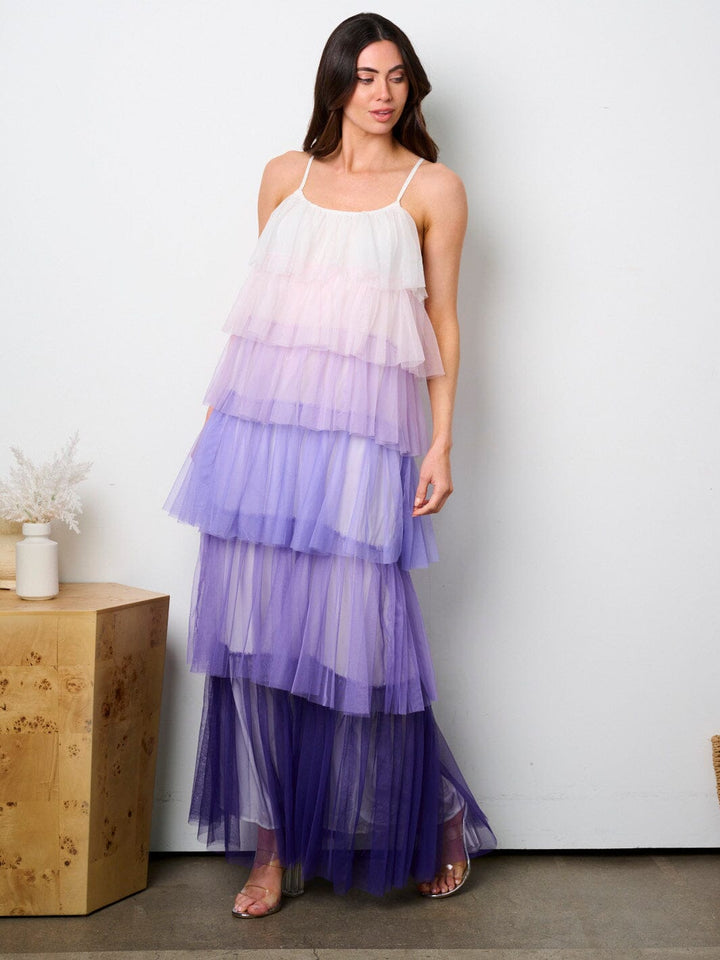 WOMEN'S SLEEVELESS RUFFLE MESH TIERED COLORBLOCK MAXI DRESS