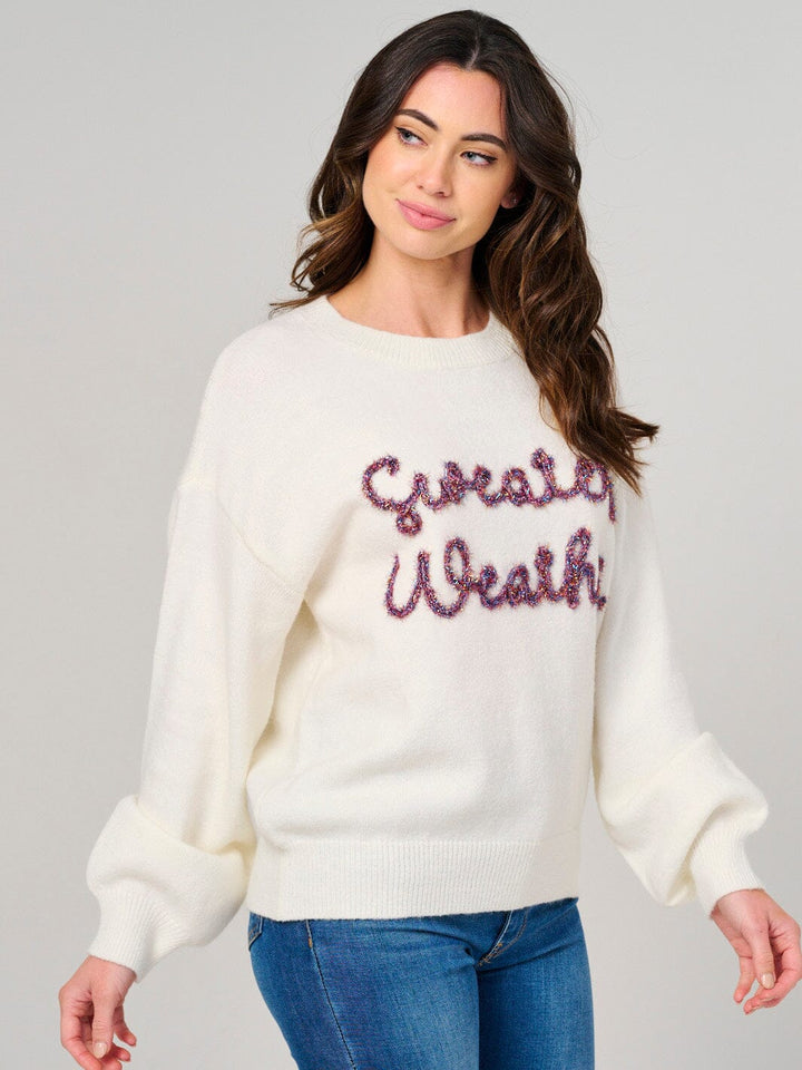 WOMEN'S LONG SLEEVE SHIMMER GRAPHIC PULLOVER SWEATER