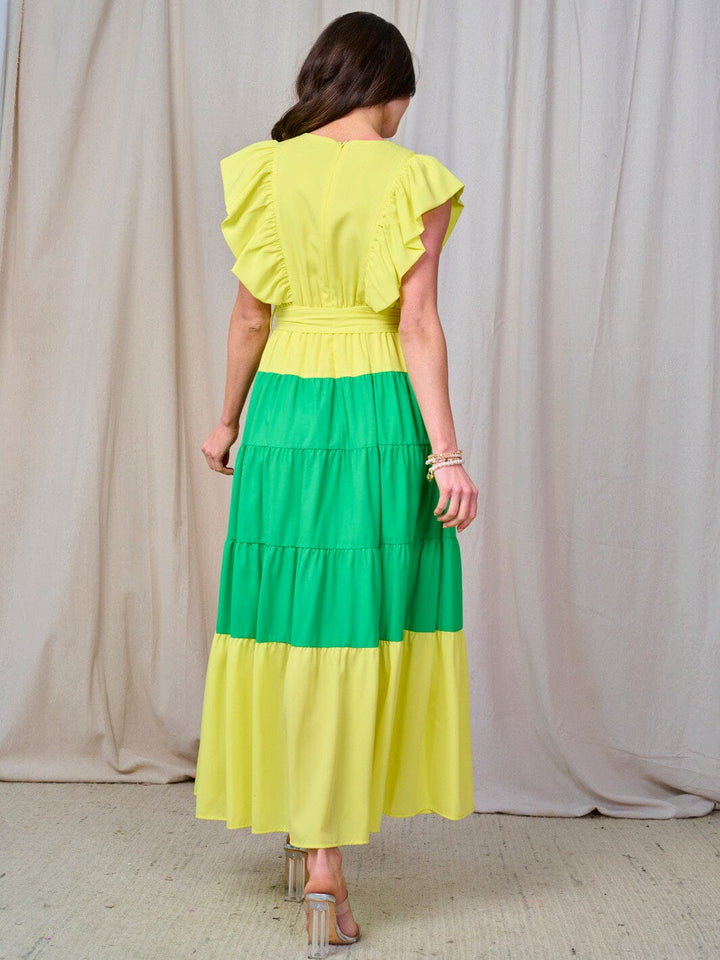 WOMEN'S RUFFLE SLEEVE V-NECK TIERED COLORBLOCK MAXI DRESS