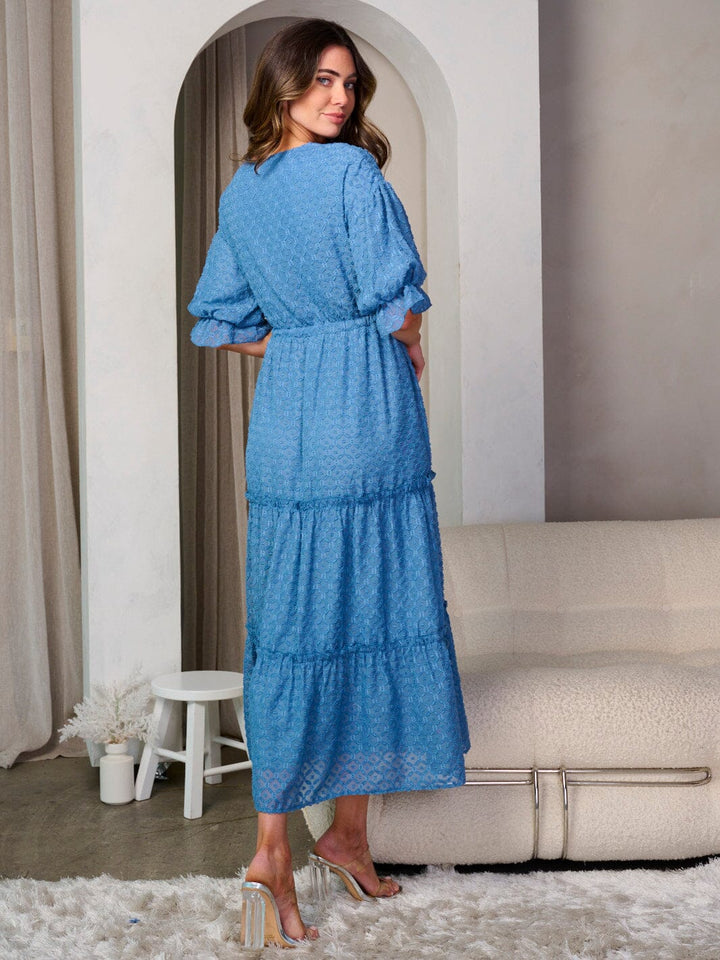 WOMEN'S SHORT PUFF SLEEVE V-NECK SWISS DOT DETAILED MAXI DRESS
