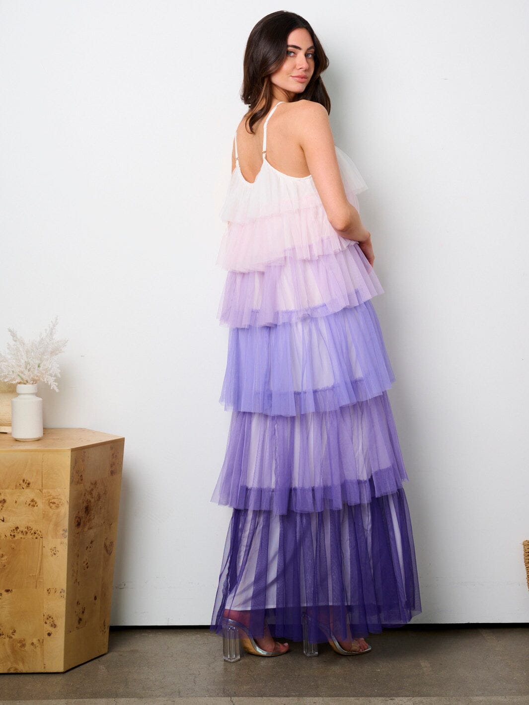 WOMEN'S SLEEVELESS RUFFLE MESH TIERED COLORBLOCK MAXI DRESS