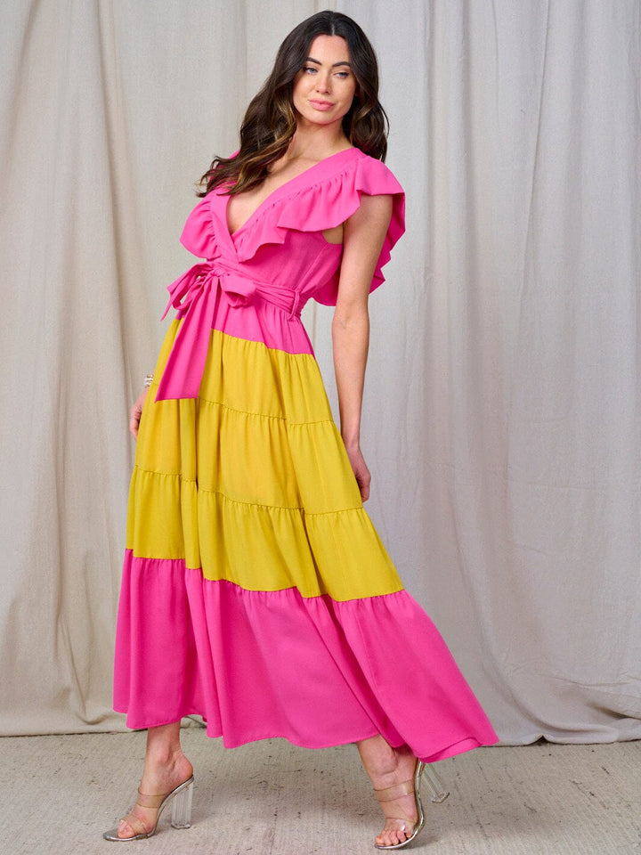 WOMEN'S RUFFLE SLEEVE V-NECK TIERED COLORBLOCK MAXI DRESS