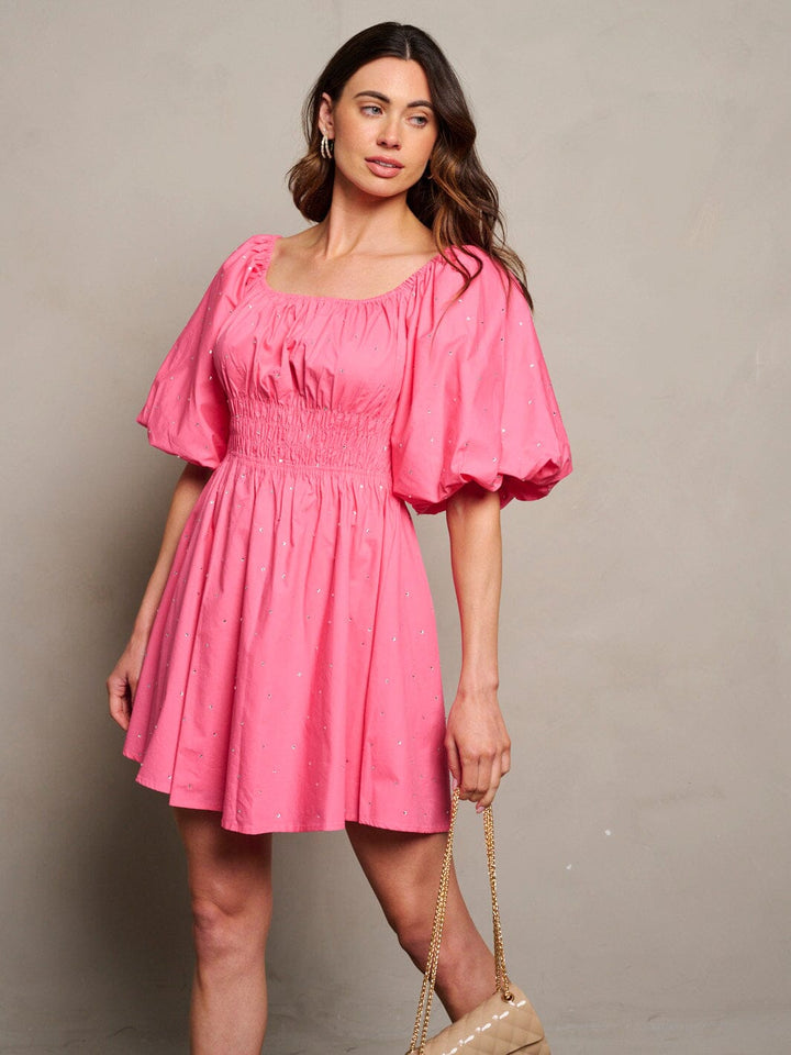 WOMEN'S SHORT PUFF SLEEVE SMOCK WAIST STUDS DETAILED MINI DRESS