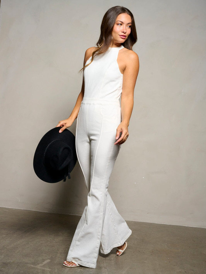 WOMEN'S SLEEVELESS HALTER NECK POCKETS BELL LEGS JUMPSUIT