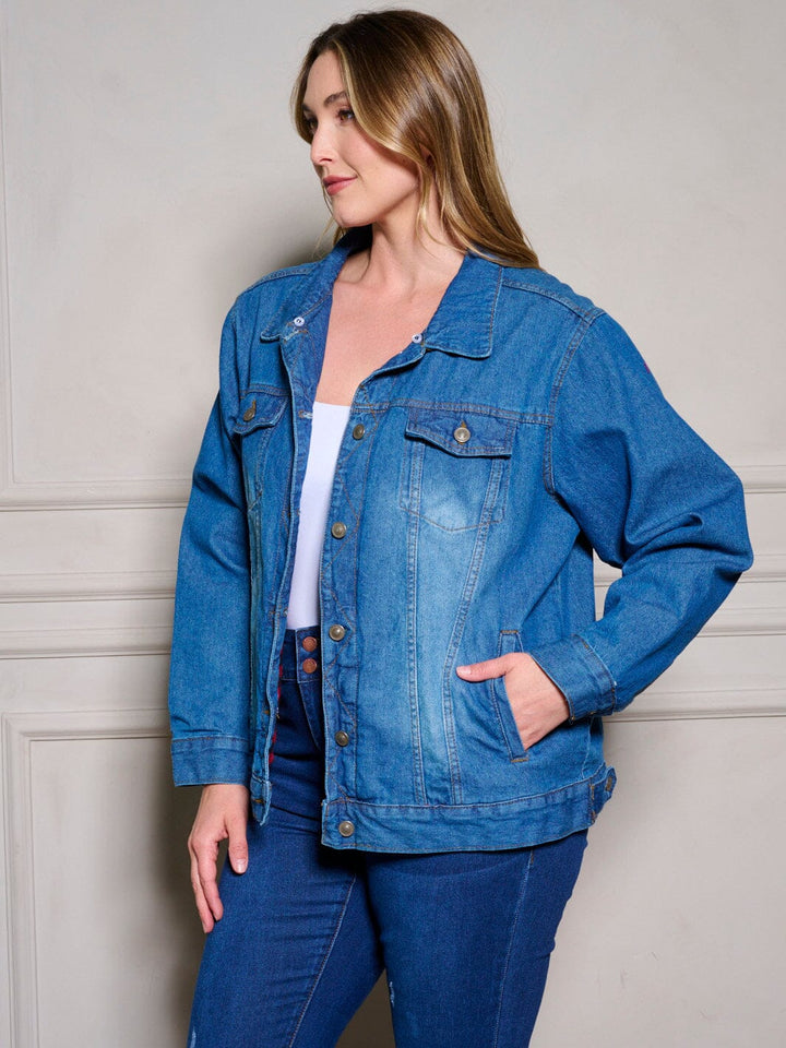 PLUS SIZE LONG SLEEVE PLAID DENIM JACKET
