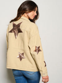 WOMEN'S LONG SLEEVE BUTTON CLOSURE STARS POCKETS DENIM JACKET