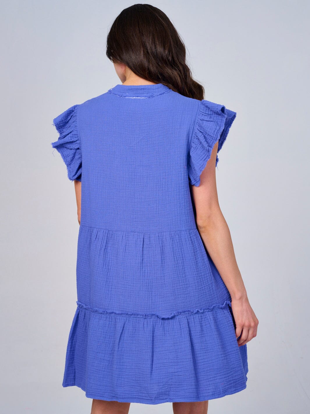 WOMEN'S RUFFLE SLEEVE V-NECK FRONT POCKETS MINI DRESS