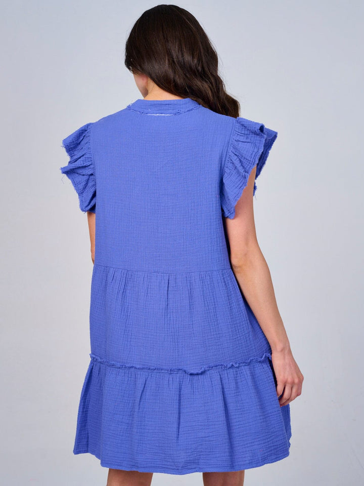 WOMEN'S RUFFLE SLEEVE V-NECK FRONT POCKETS MINI DRESS