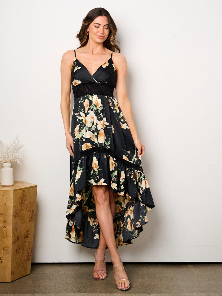 WOMEN'S SLEEVELESS SURPLICE HIGH-LOW FLORAL MAXI DRESS