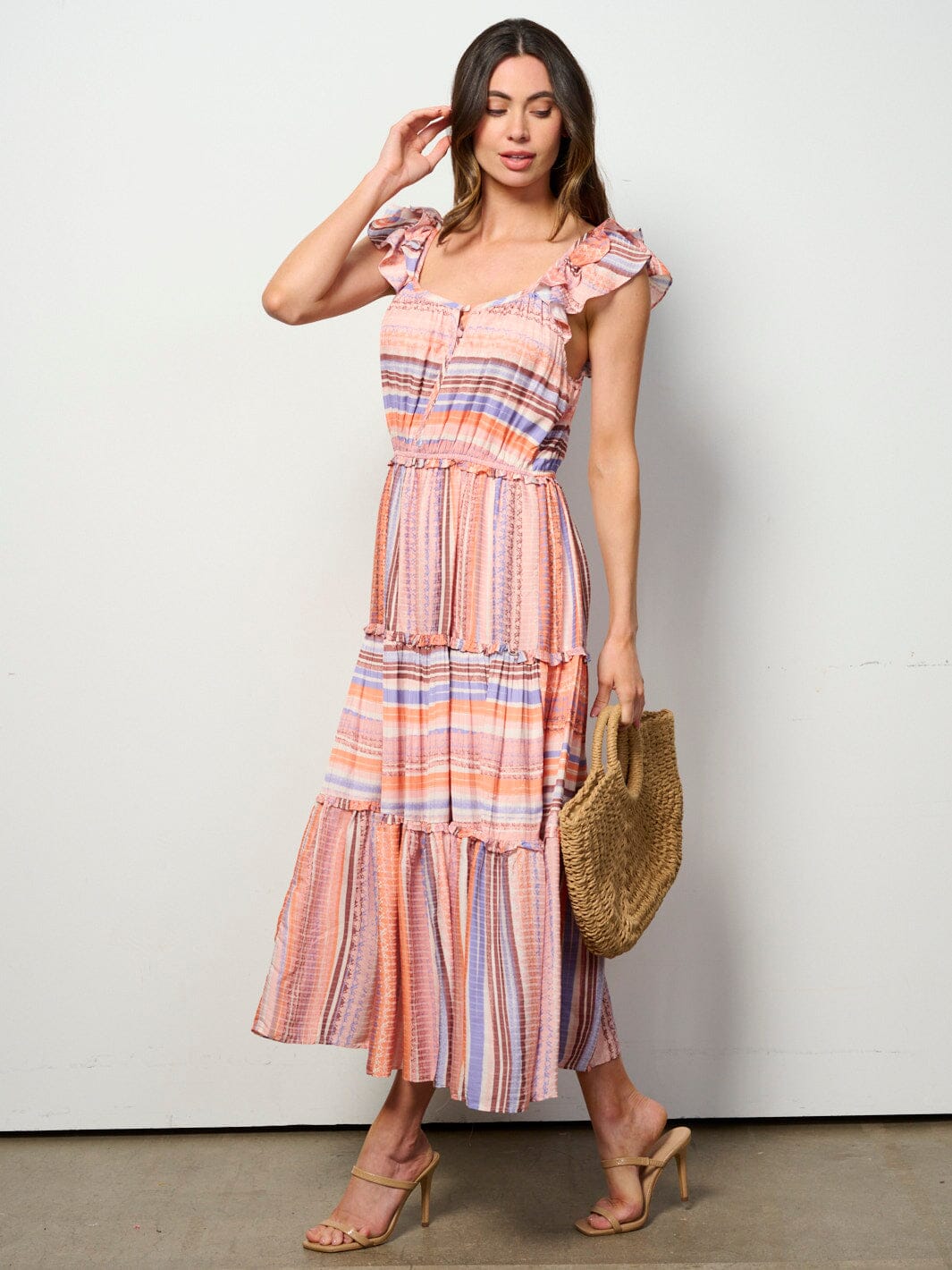 WOMEN'S SLEEVELESS ELASTIC WAIST MULTI STRIPES MAXI DRESS