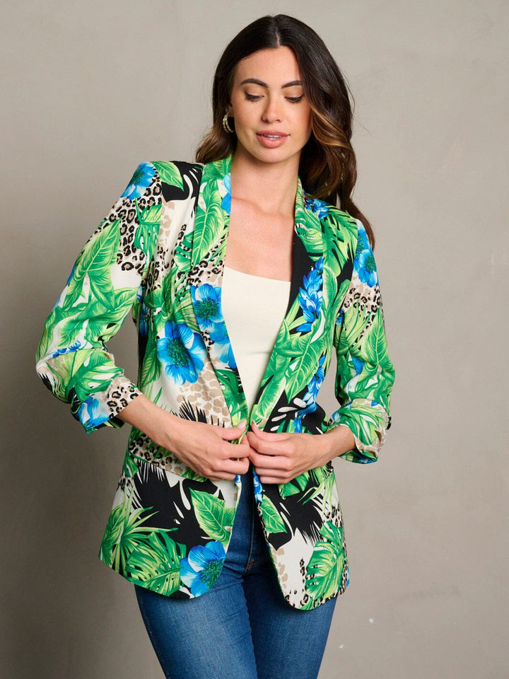WOMEN'S 3/4 RUCHED SLEEVES OPEN FRONT FLORAL PRINT BLAZER