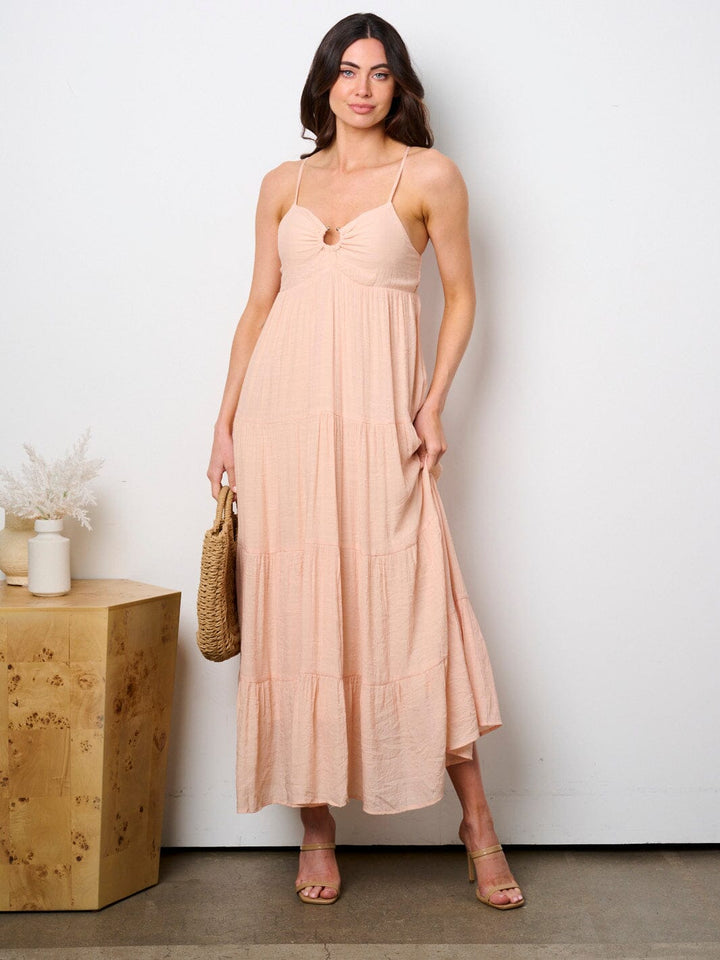 WOMEN'S SLEEVELESS V-NECK SMOCK TIERED TUNIC MAXI DRESS