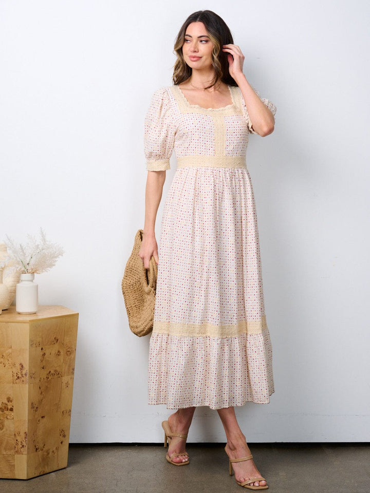 WOMEN'S SHORT PUFF SLEEVE TRIM DETAILED PRINTED MAXI DRESS