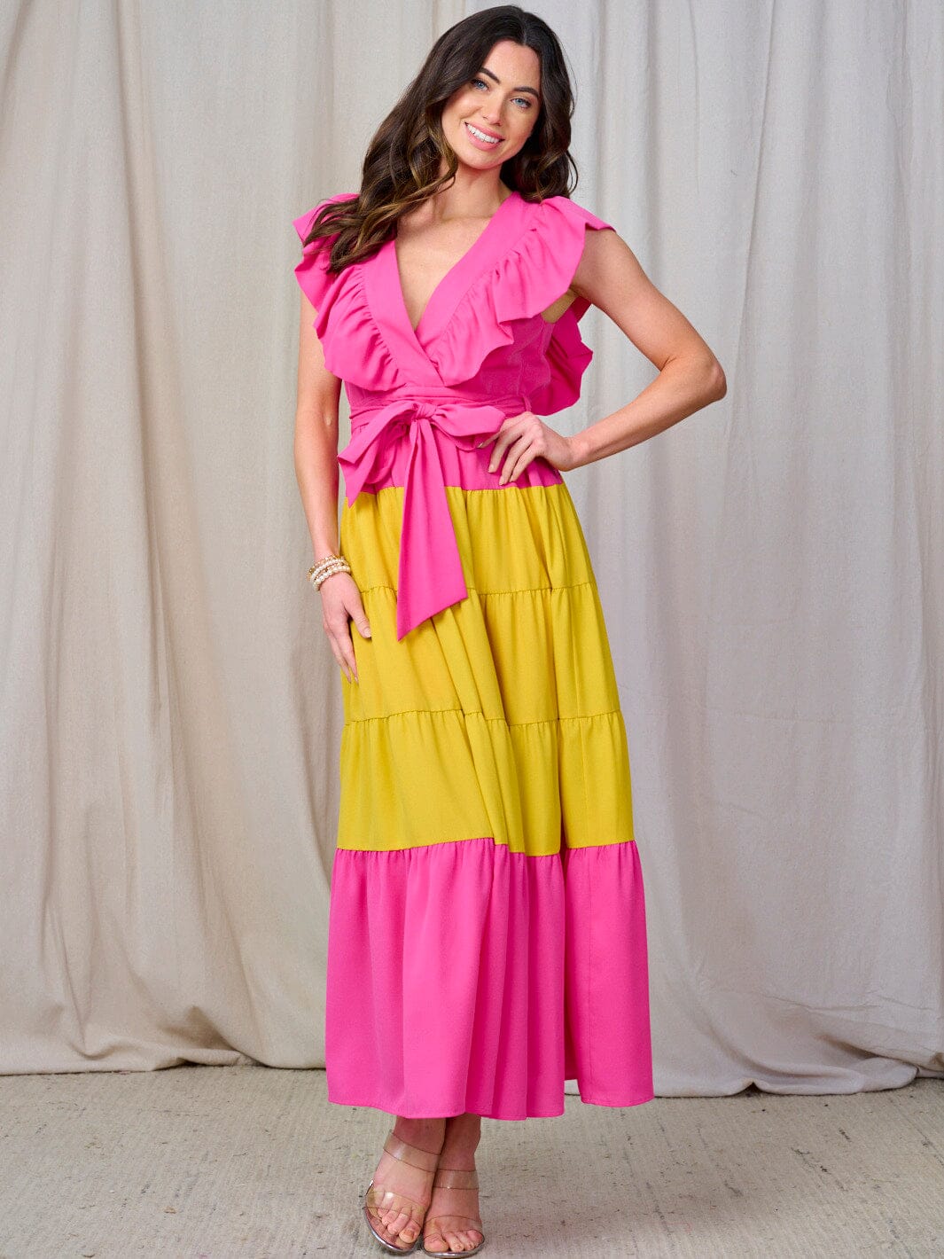 WOMEN'S RUFFLE SLEEVE V-NECK TIERED COLORBLOCK MAXI DRESS