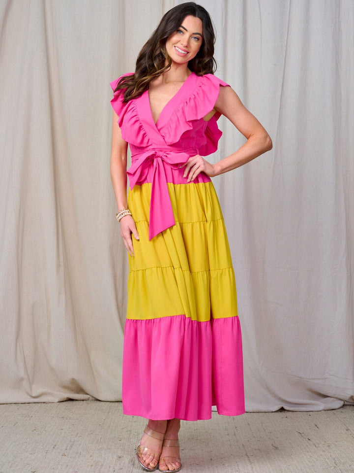 WOMEN'S RUFFLE SLEEVE V-NECK TIERED COLORBLOCK MAXI DRESS