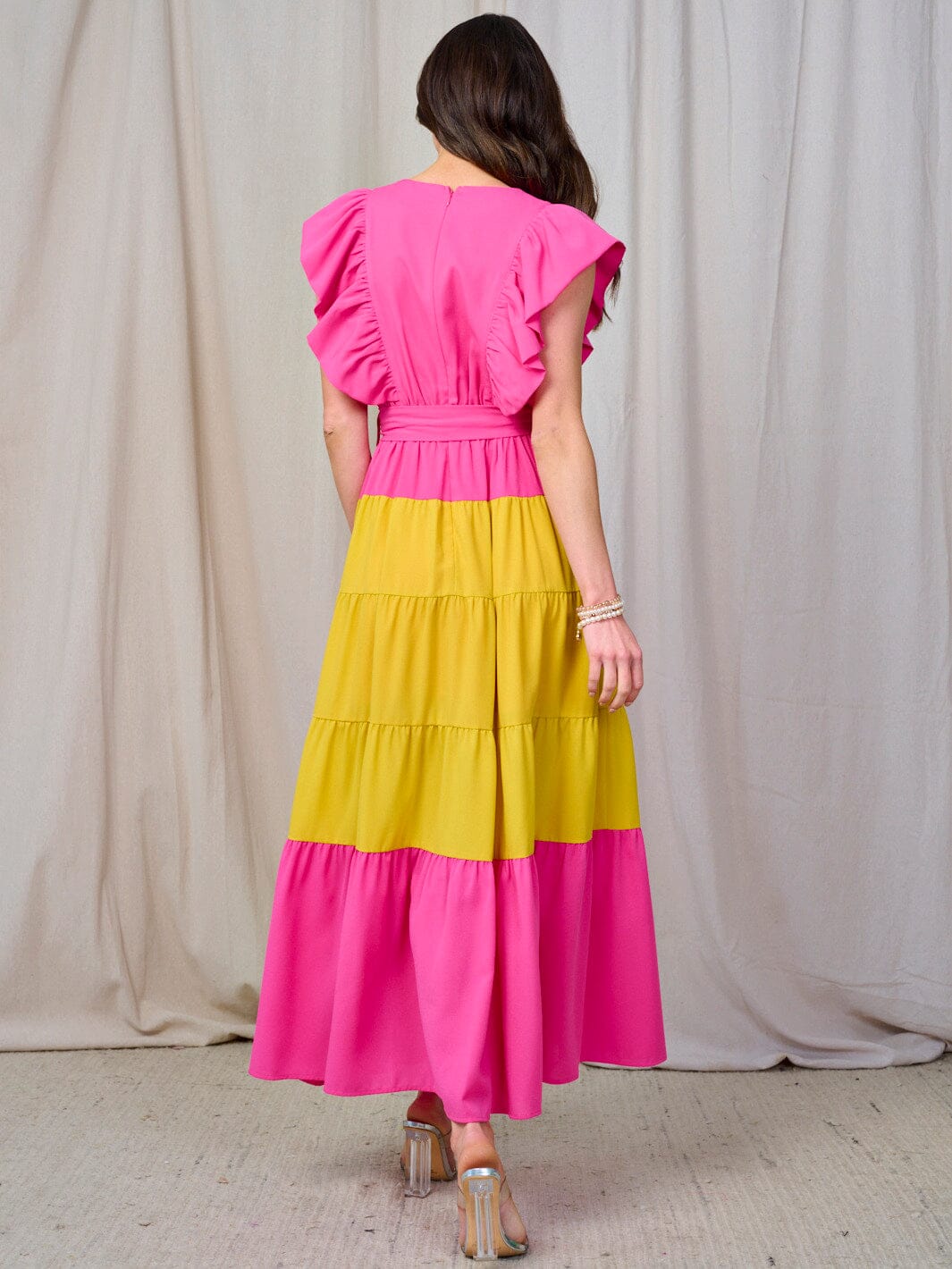WOMEN'S RUFFLE SLEEVE V-NECK TIERED COLORBLOCK MAXI DRESS