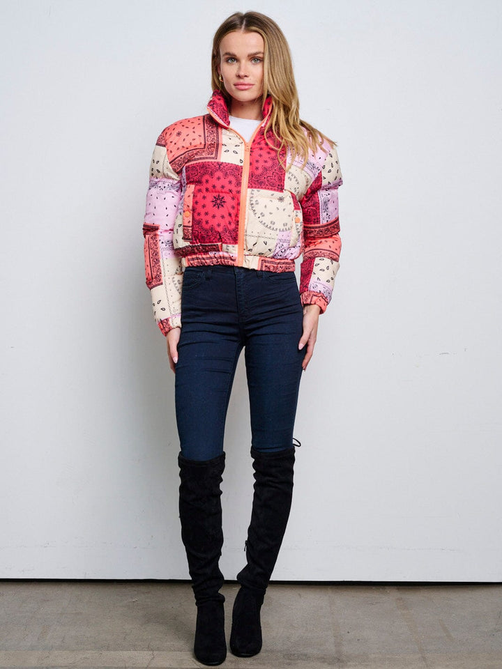 WOMEN'S LONG SLEEVE ZIP UP FRONT POCKETS PUFFER MULTI PRINT JACKET