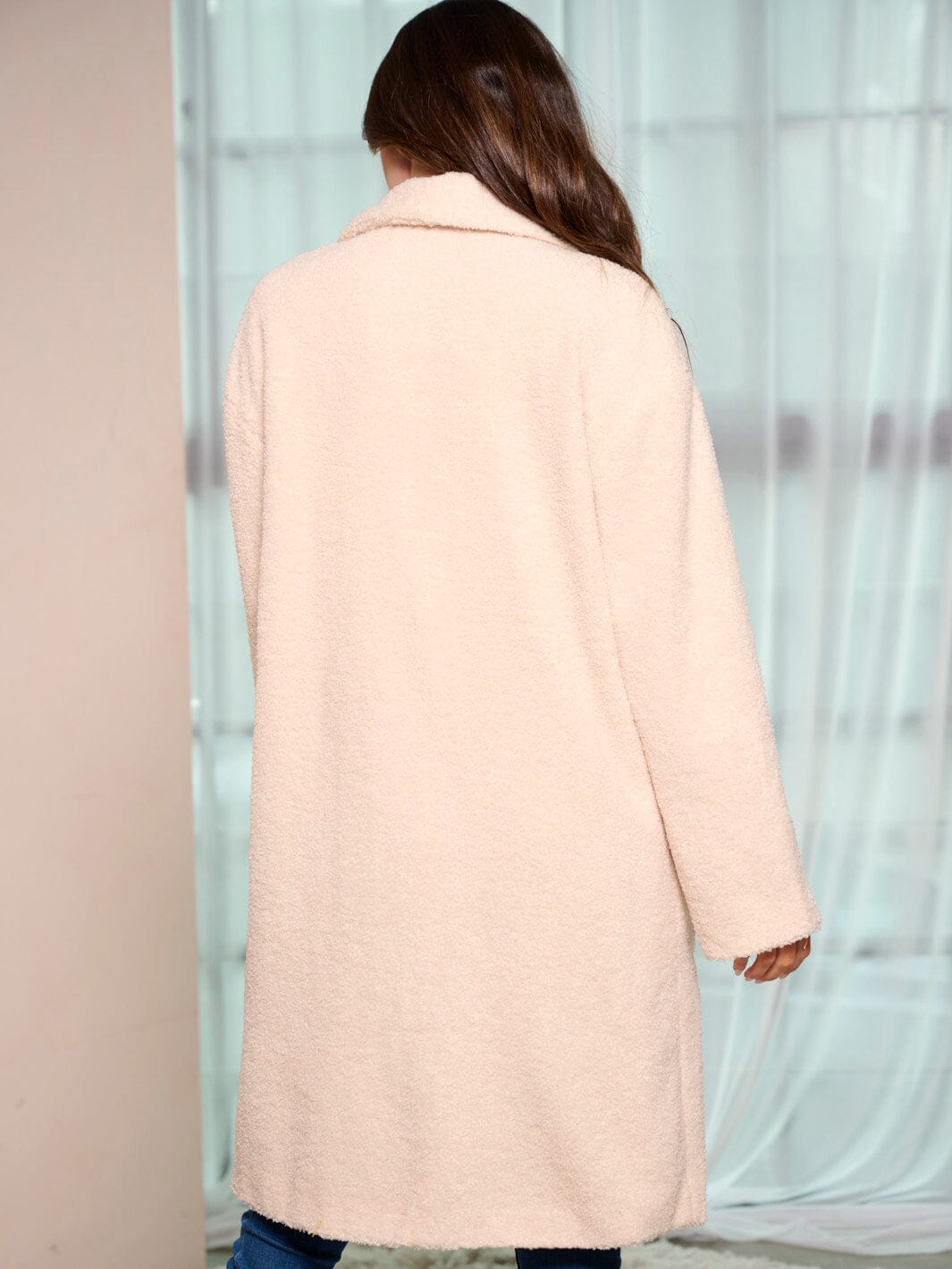 WOMEN'S LONG SLEEVE BUTTON CLOSURE FRONT POCKETS SHERPA COAT