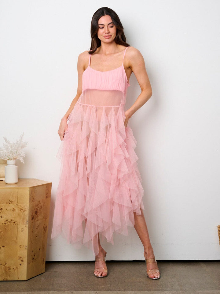 WOMEN'S SLEEVELESS RUFFLE MESH DETAILED MAXI DRESS