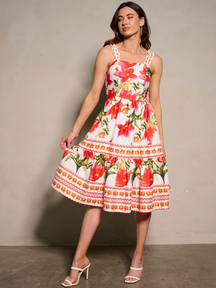 WOMEN'S SLEEVELESS FLORAL PRINT FIT & FLARE MIDI DRESS